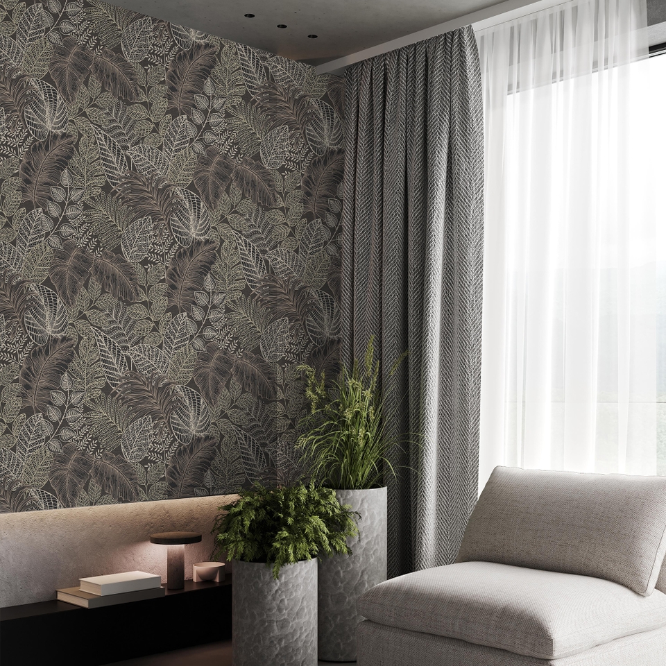 Superfresco Easy Scattered Leaves Charcoal & Gold Wallpaper Homebase
