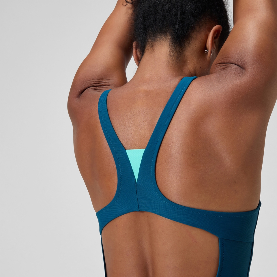Einfarbiger Highneck-Badeanzug Dunkelpetrol für Damen