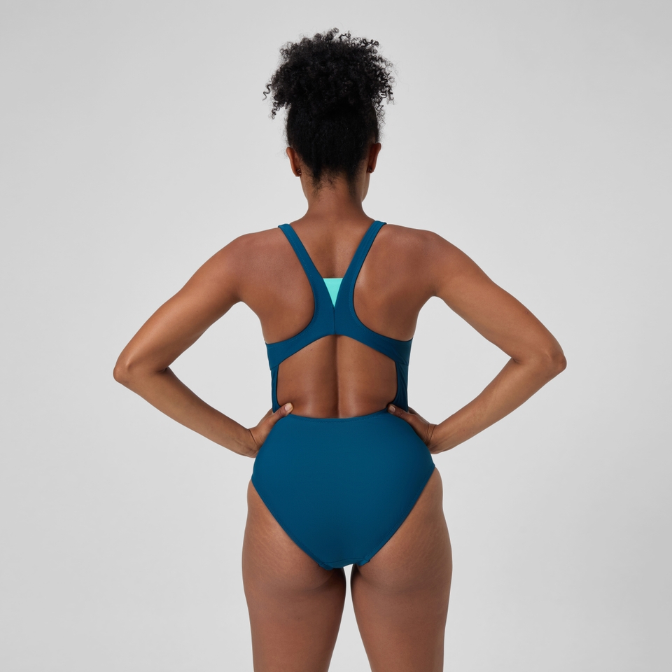 Einfarbiger Highneck-Badeanzug Dunkelpetrol für Damen