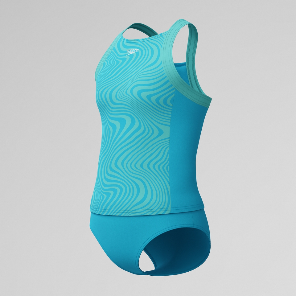 Girl's Print Blocked Tankini set Blue