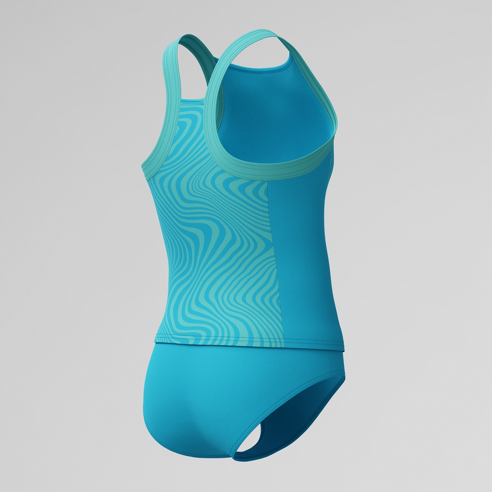 Girl's Print Blocked Tankini set Blue
