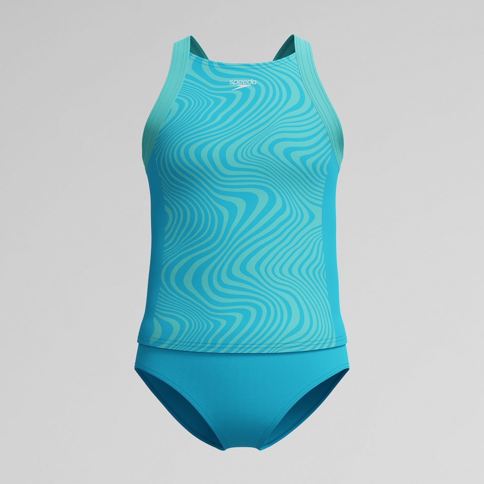 Girl's Print Blocked Tankini set Blue