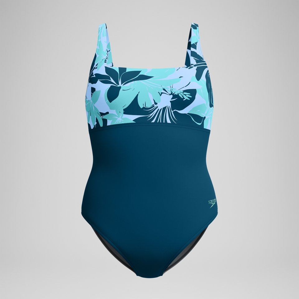 Women's Printed Blocked Square Neck One Piece Blue/Green