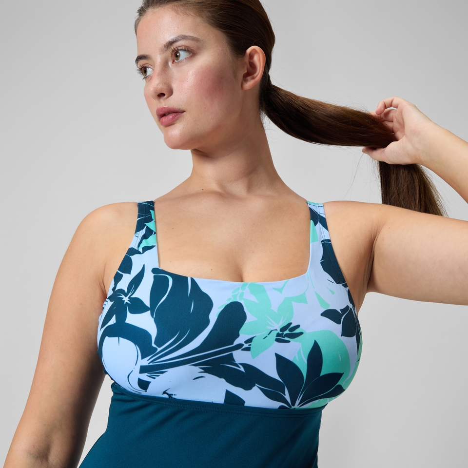 Women's Printed Blocked Square Neck One Piece Blue/Green