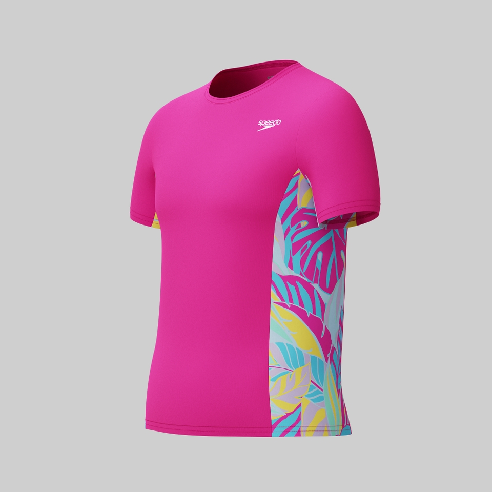 Girl's Printed Splice Short Sleeve Rashguard Pink