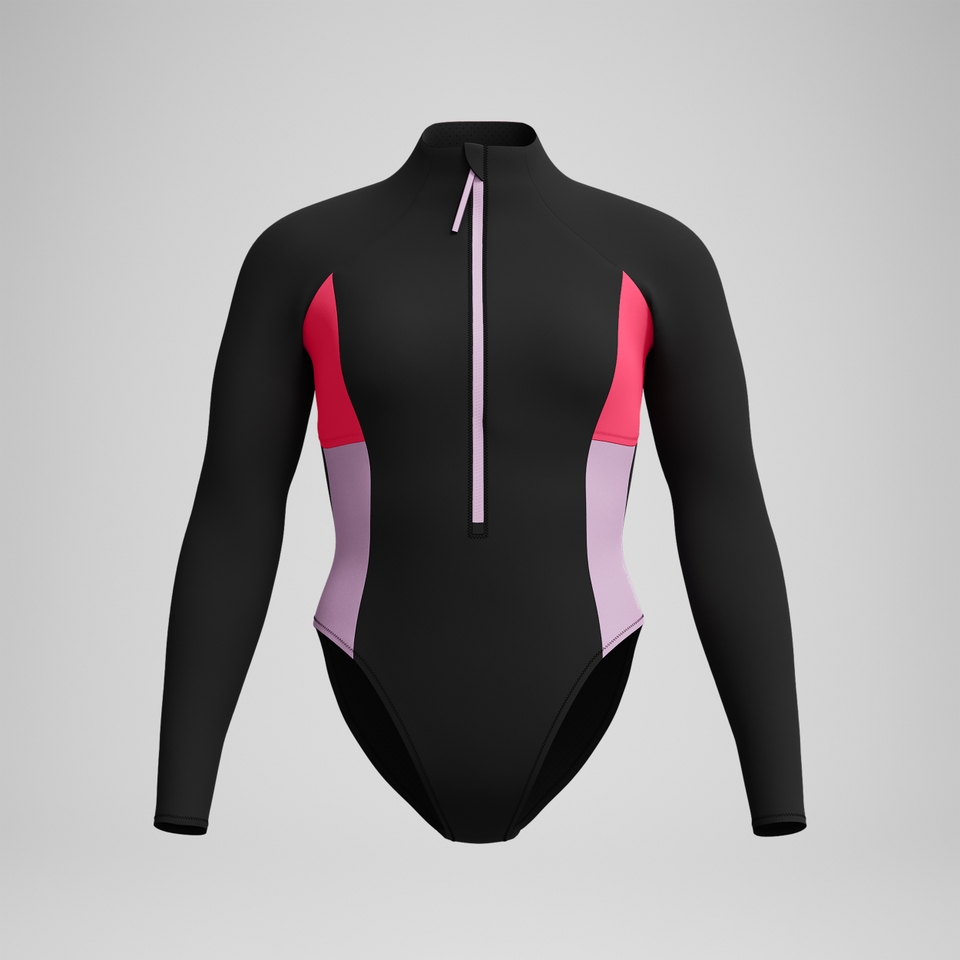 Women's Colourblock Long Sleeve Zip Swimsuit Black/Red