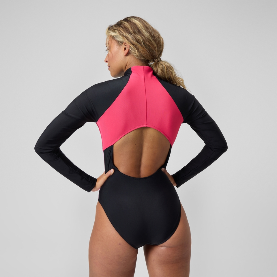 Women's Colourblock Long Sleeve Zip Swimsuit Black/Red