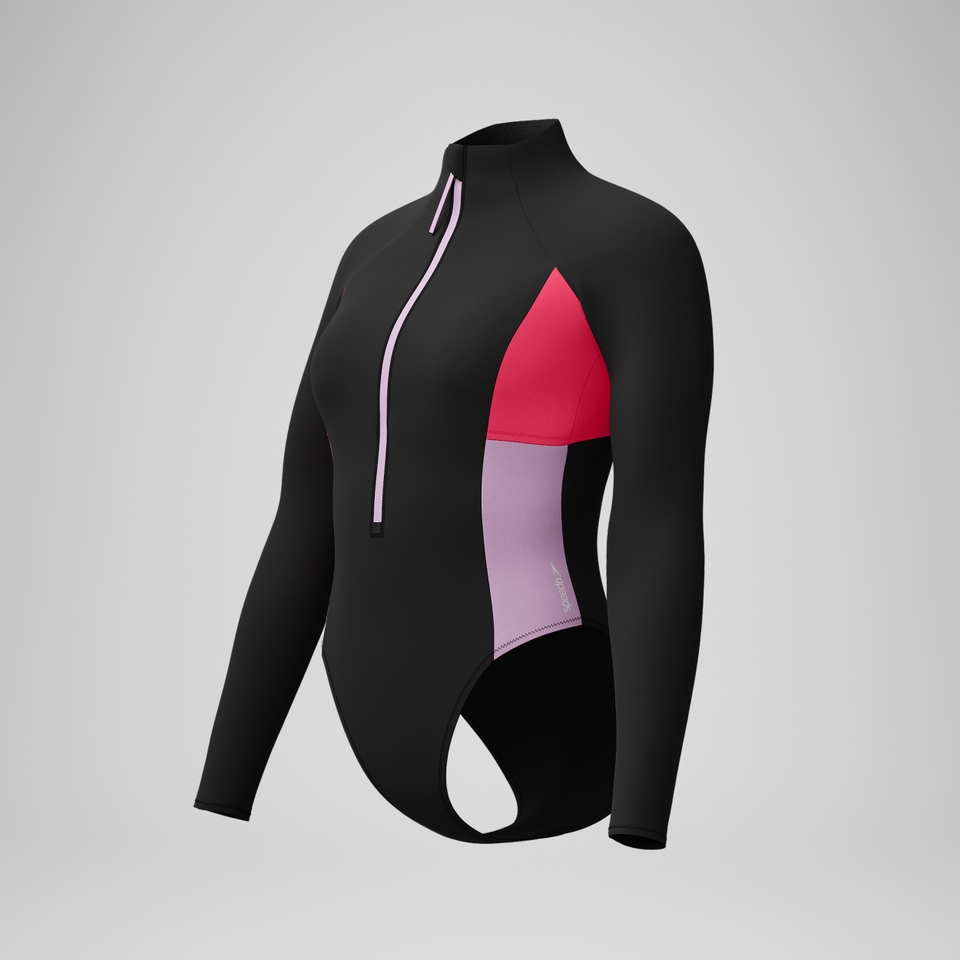 Women's Colourblock Long Sleeve Zip Swimsuit Black/Red
