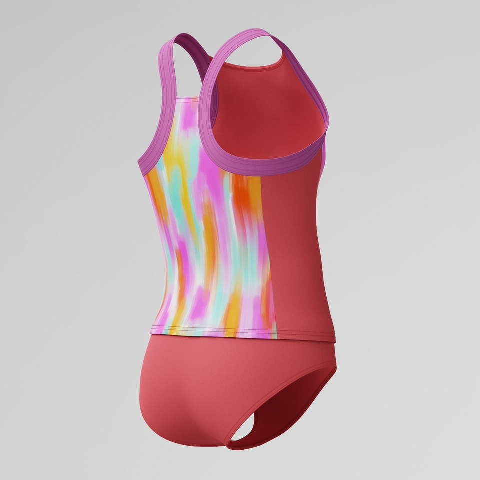 Girl's Print Blocked Tankini set Coral