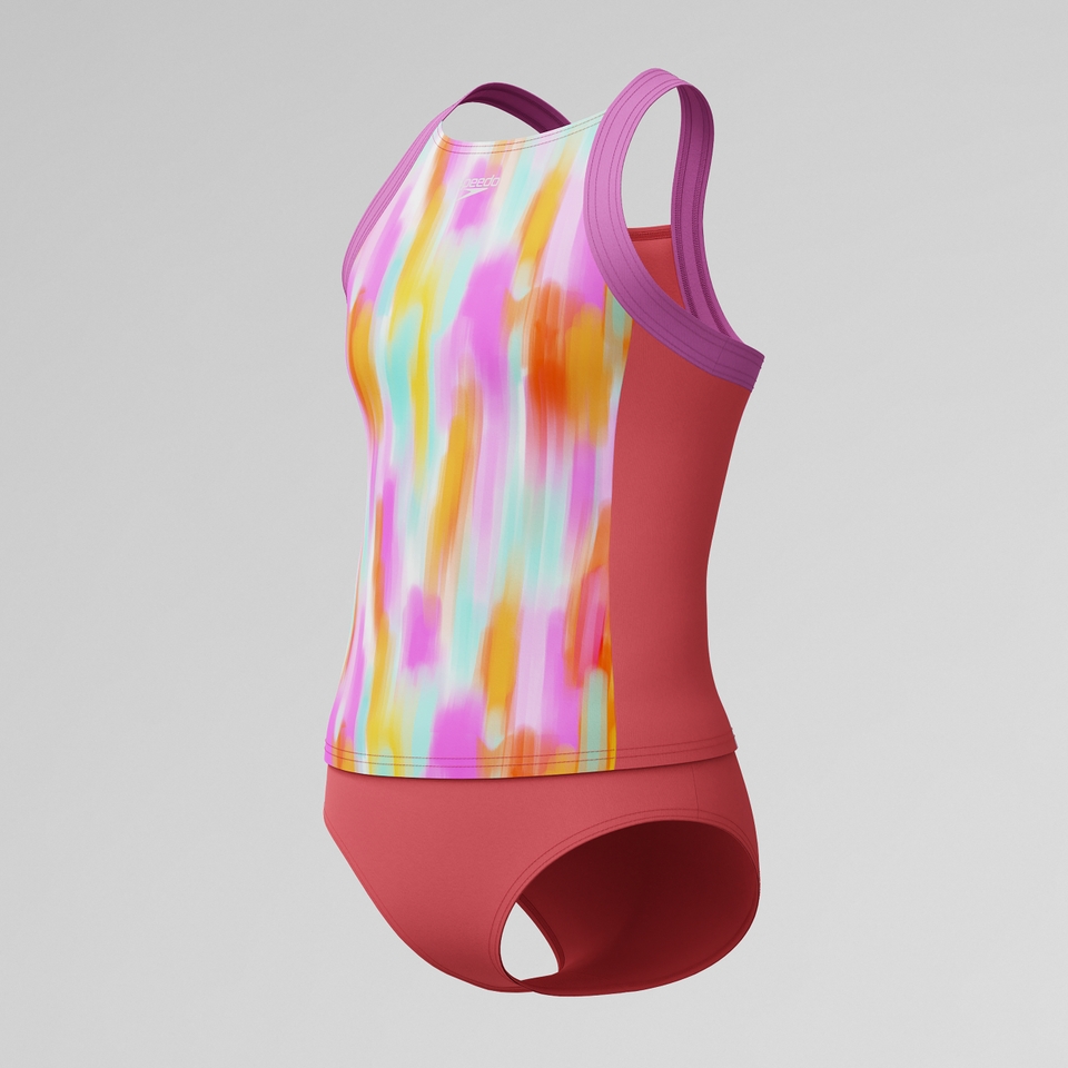 Girl's Print Blocked Tankini set Coral