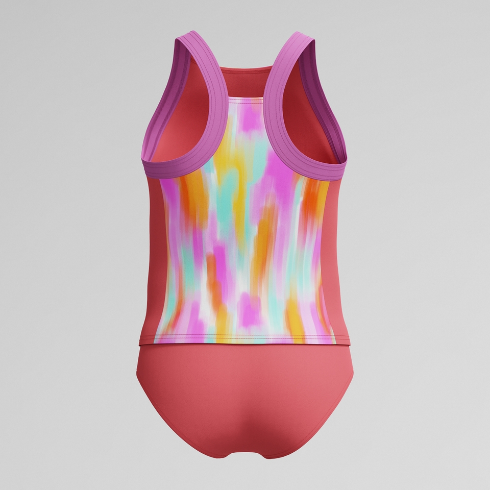 Girl's Print Blocked Tankini set Coral