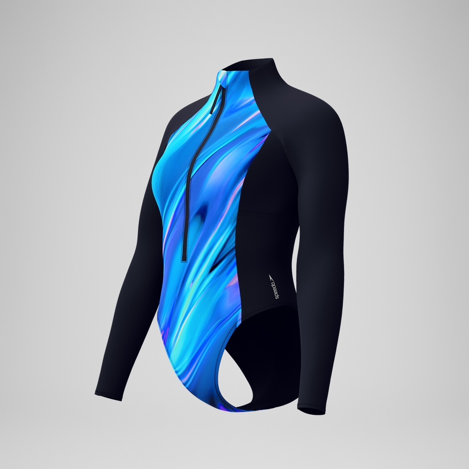 Women's Printed Long Sleeve Zip Swimsuit Blue