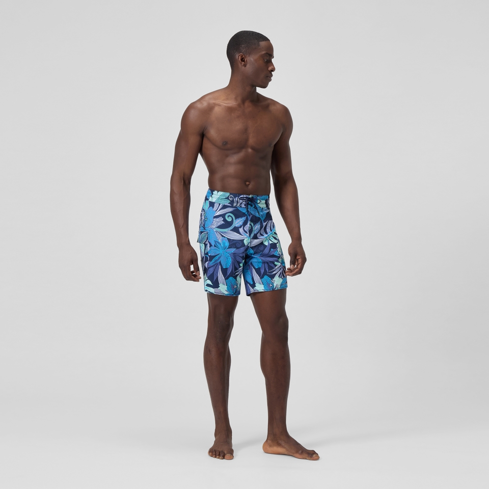 Lookout Bedruckte Badeshorts 45 cm Blau/Weiß für Herren