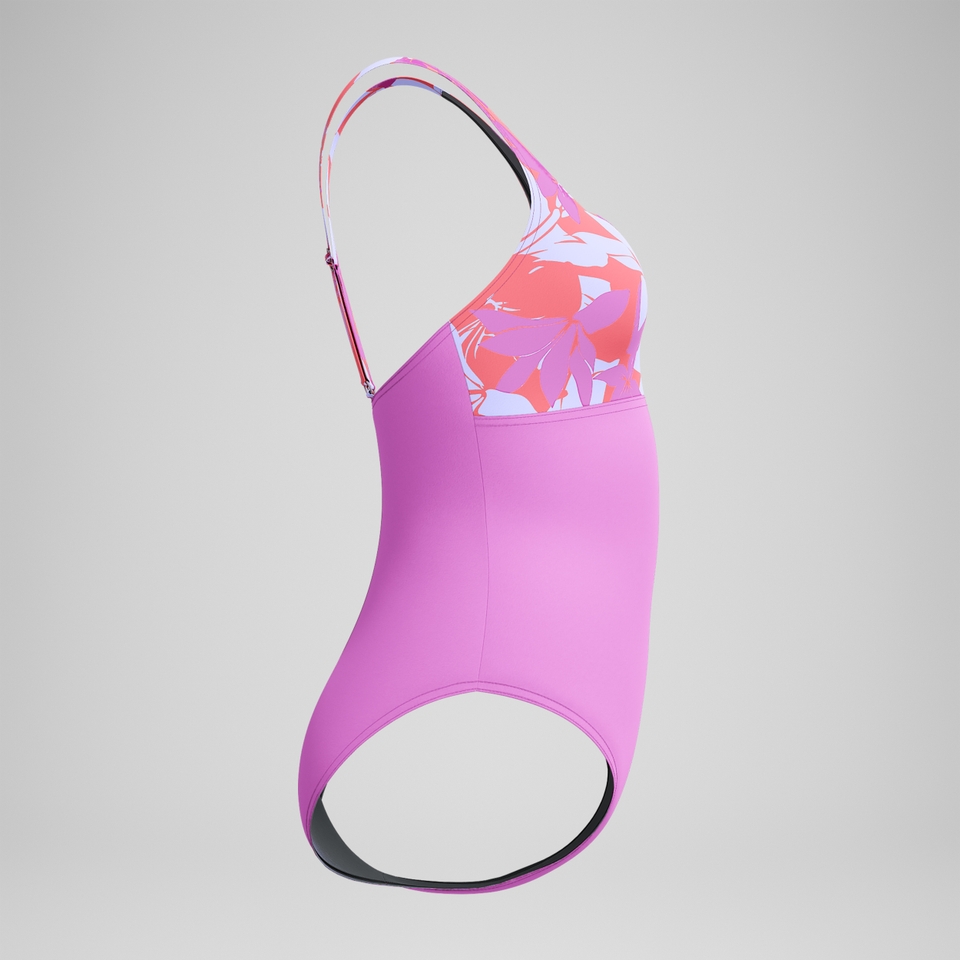 Women's Print Blocked Square Neck One Piece Pink/Orange