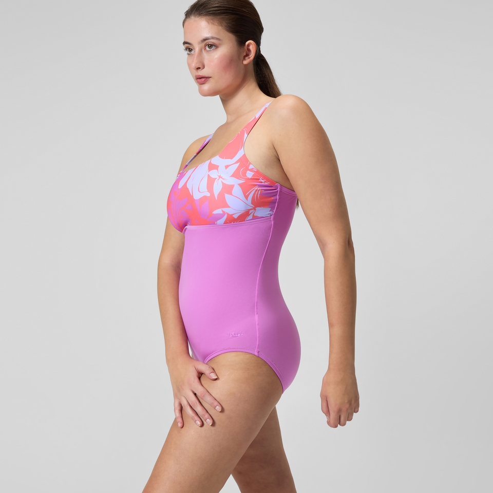 Women's Print Blocked Square Neck One Piece Pink/Orange