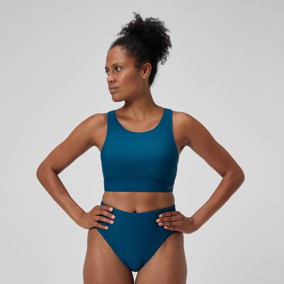 Einfarbiges Highneck-Bikinioberteil mit Netzeinsatz Dunkelpetrol für Damen