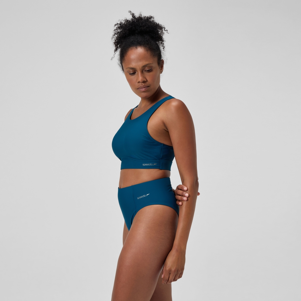Einfarbiges Highneck-Bikinioberteil mit Netzeinsatz Dunkelpetrol für Damen
