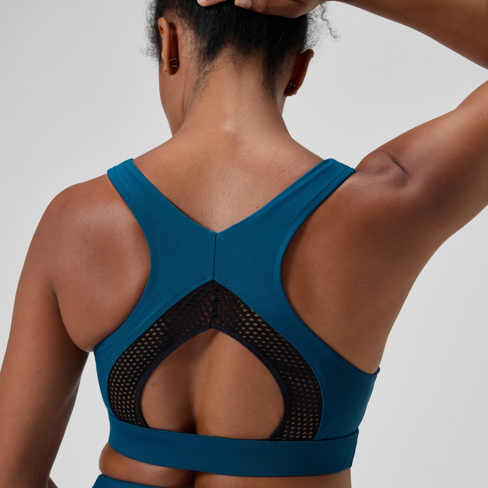 Einfarbiges Highneck-Bikinioberteil mit Netzeinsatz Dunkelpetrol für Damen