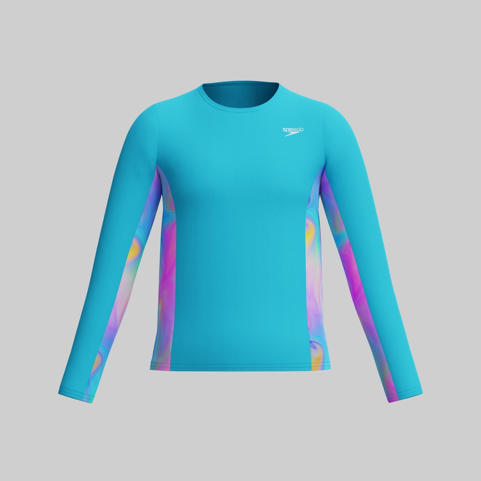Girls Long Sleeve Printed Splice Rashguard Blue