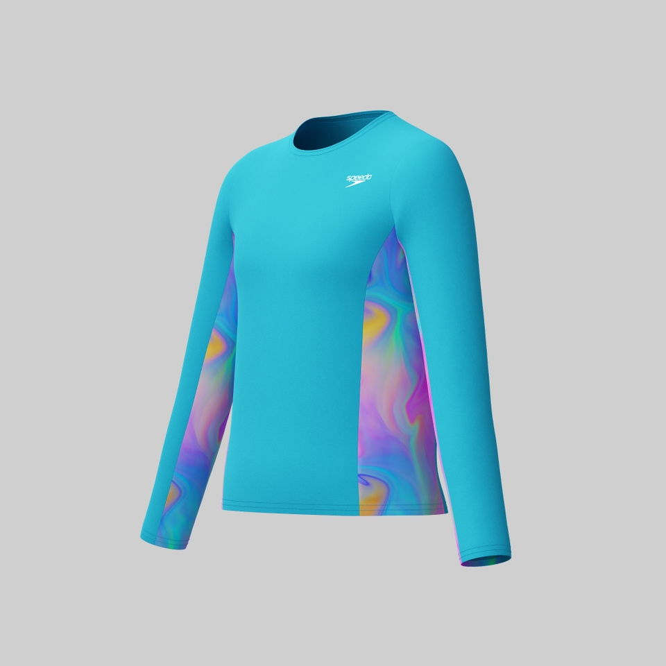 Girls Long Sleeve Printed Splice Rashguard Blue