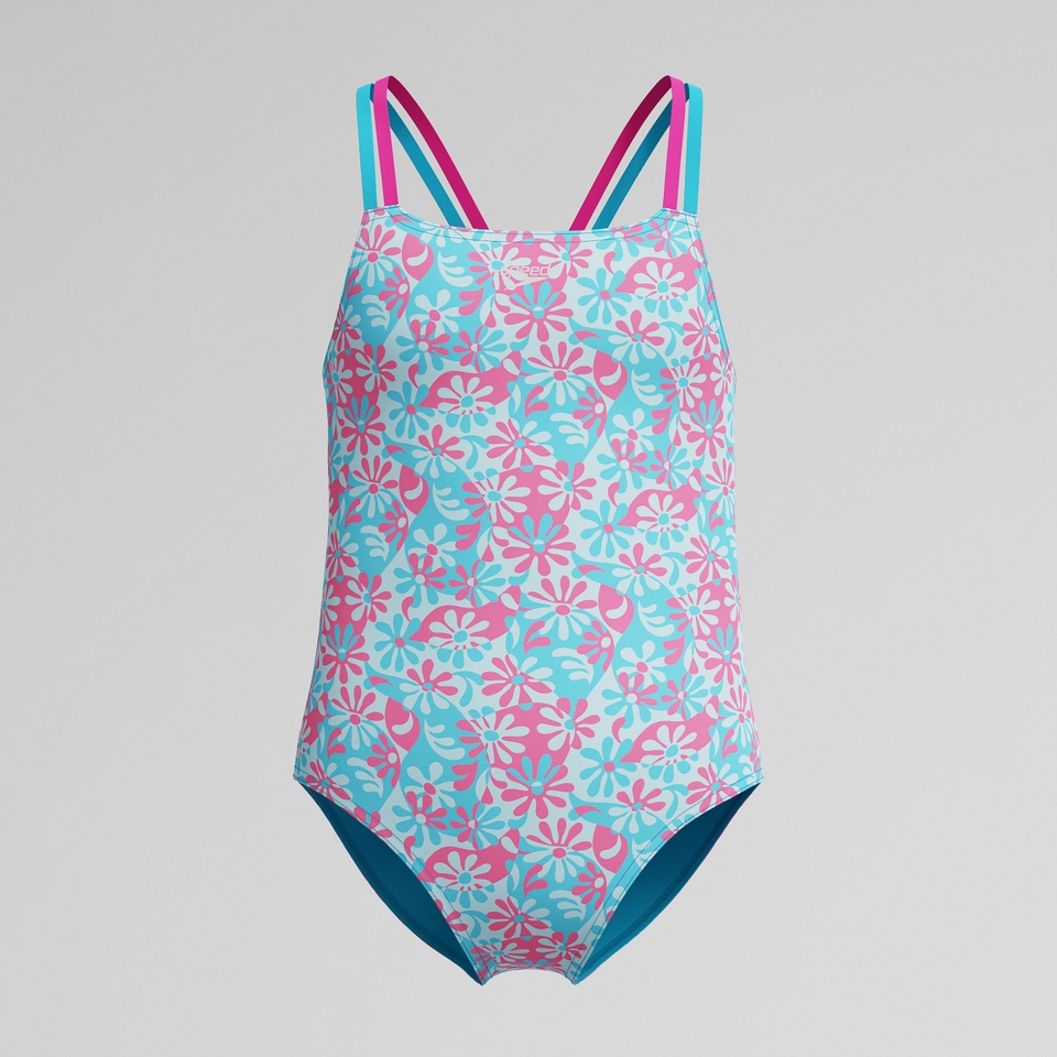 Girls Print Strappy One Piece Blue/Pink