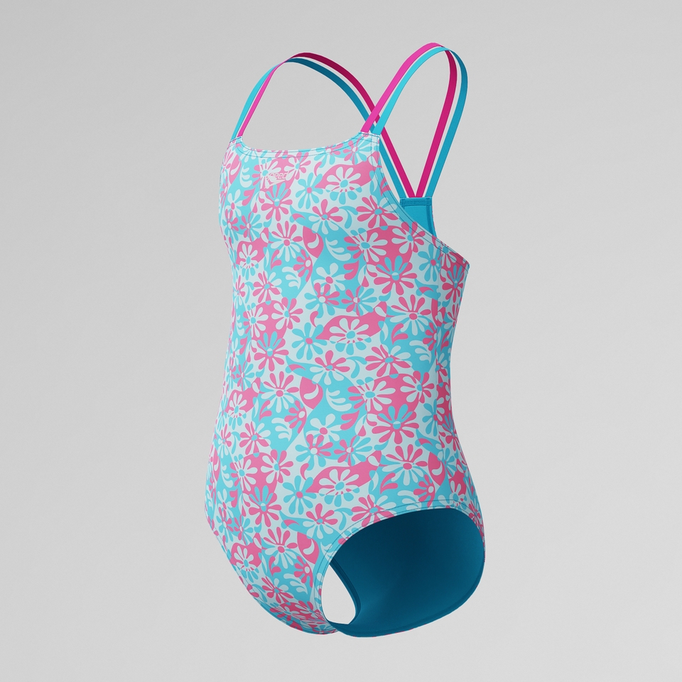 Girls Print Strappy One Piece Blue/Pink
