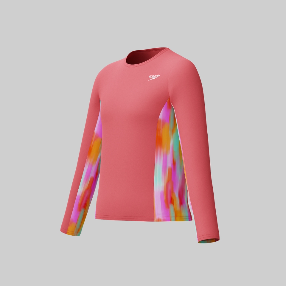 Girls Long Sleeve Printed Splice Rashguard Coral