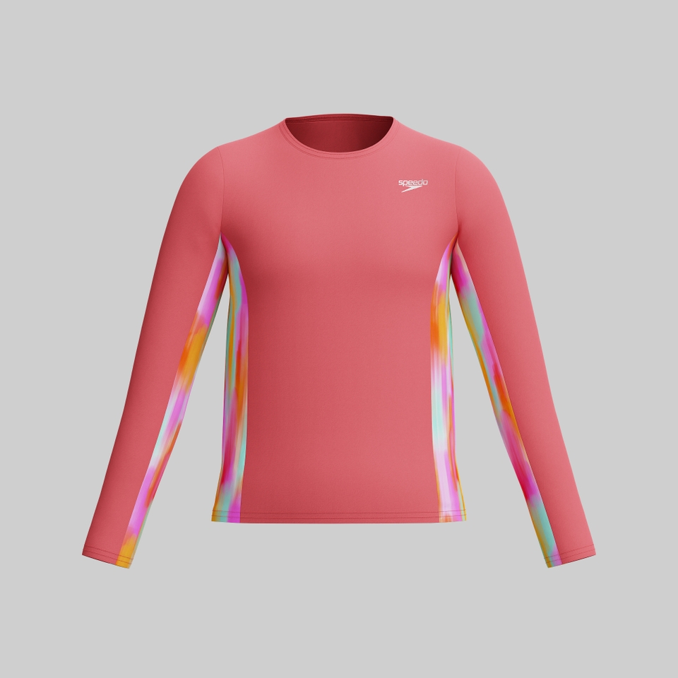 Girls Long Sleeve Printed Splice Rashguard Coral