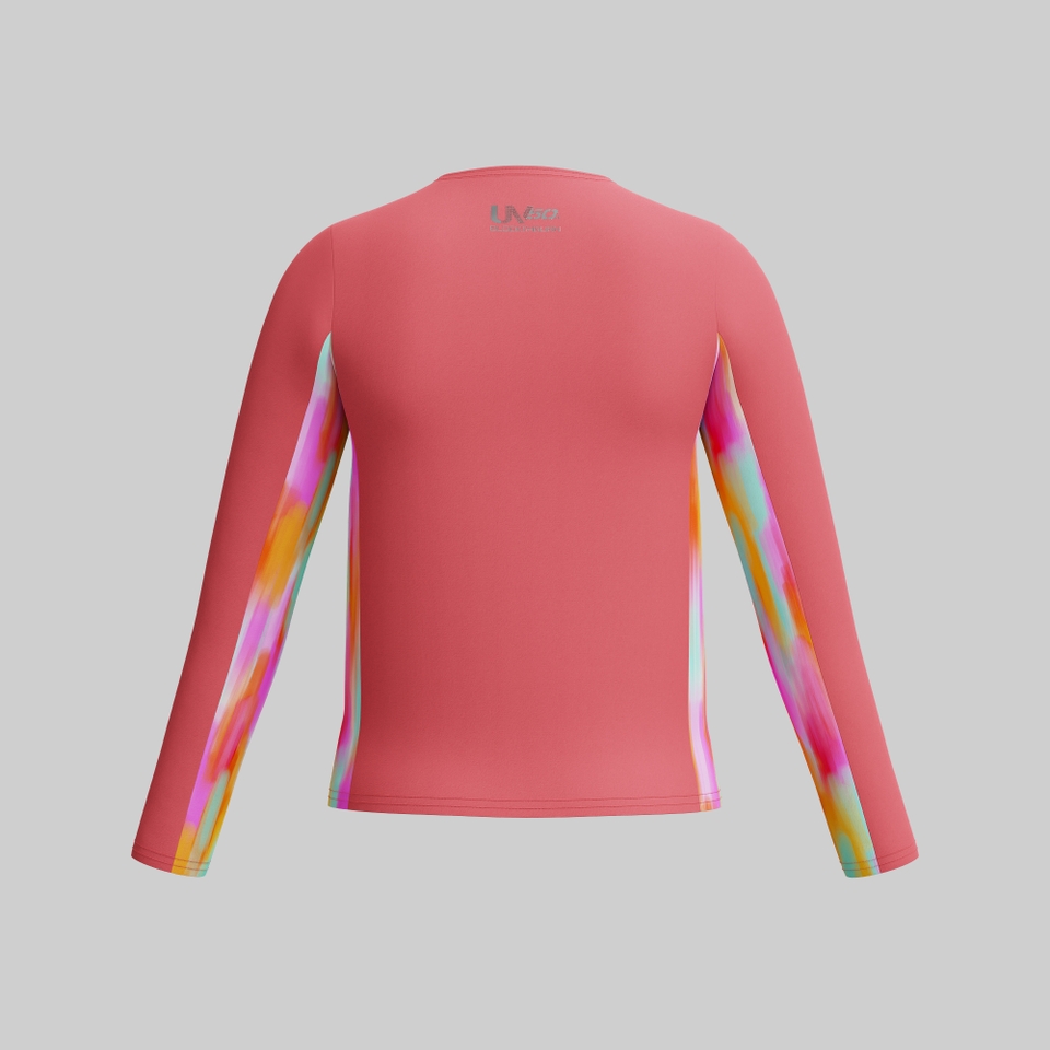 Girls Long Sleeve Printed Splice Rashguard Coral