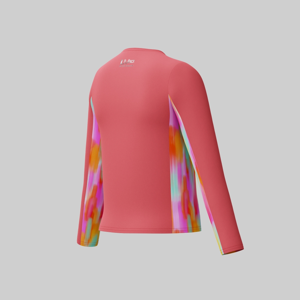 Girls Long Sleeve Printed Splice Rashguard Coral