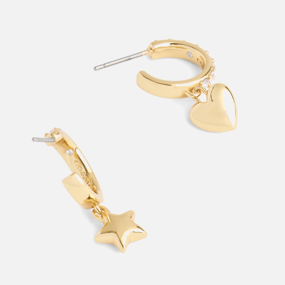 Coach Signature Gold-Tone Heart and Star Charm Huggie Earrings