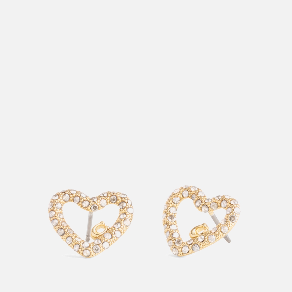 Coach Signature Silver-Tone Pavé Heart Stud Earrings