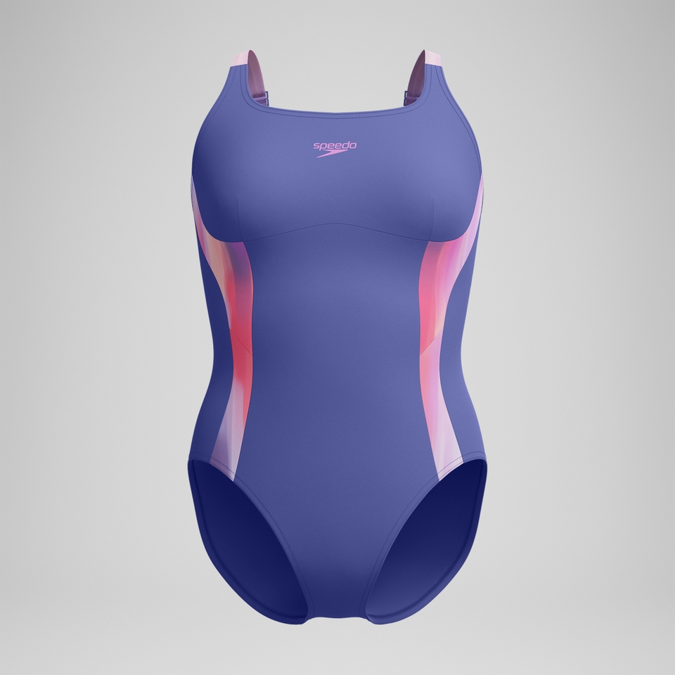 Formender bedruckter Splice-Badeanzug Blau/Pink für Damen