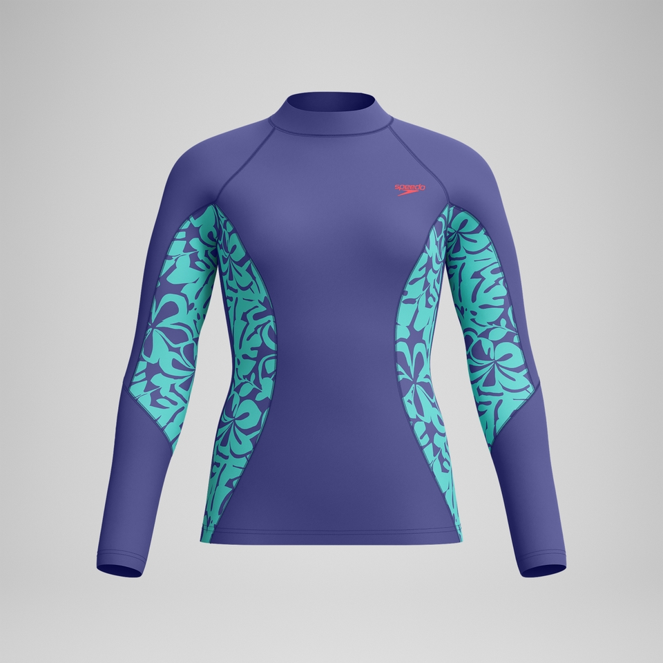 Bedrucktes langärmliges Rash-Top Blau/Grün für Damen