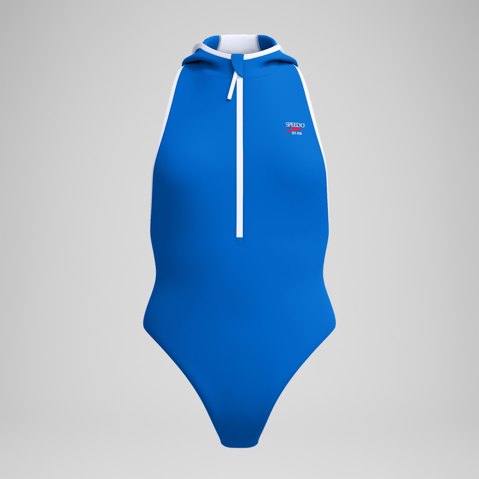 Jetstream Einfarbiger gebundener Badeanzug mit Kapuze Blau/Weiß für Damen