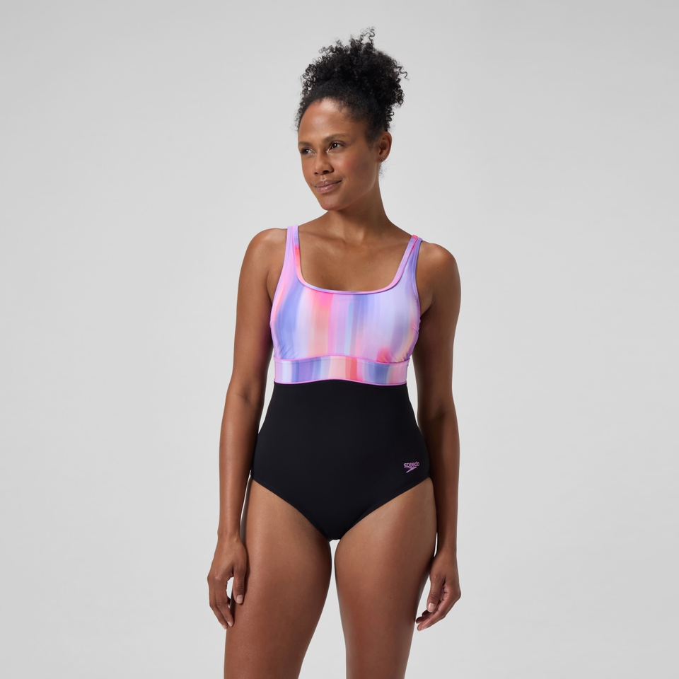 Maillot de bain Femme effet galbant imprimé Contour Eclipse noir/rose
