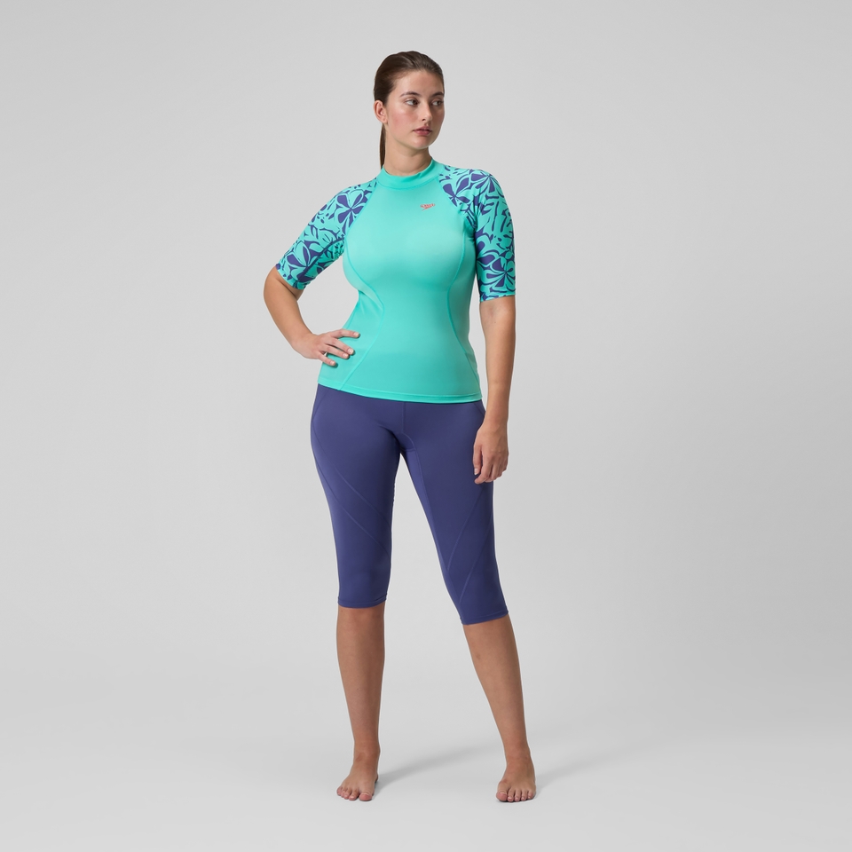 Bedrucktes kurzärmliges Rash-Top Türkis für Damen