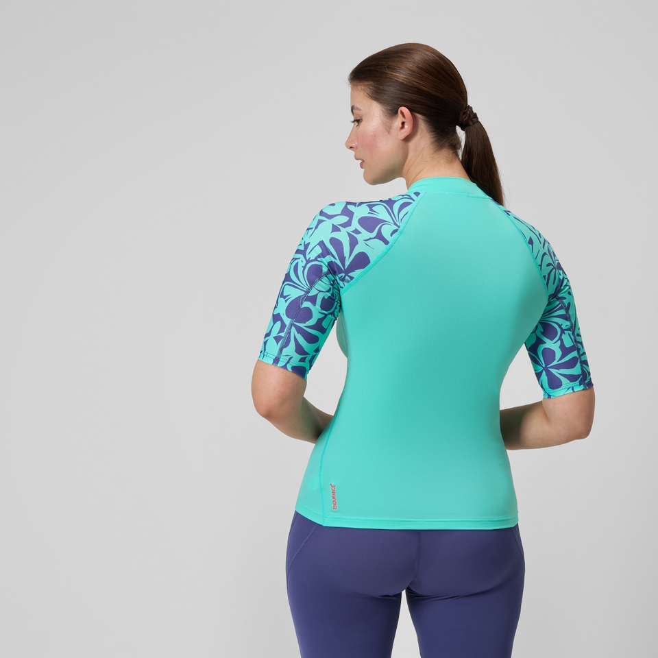Bedrucktes kurzärmliges Rash-Top Türkis für Damen