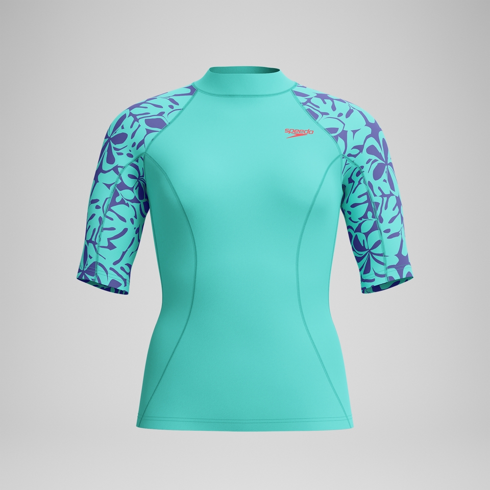 Bedrucktes kurzärmliges Rash-Top Türkis für Damen