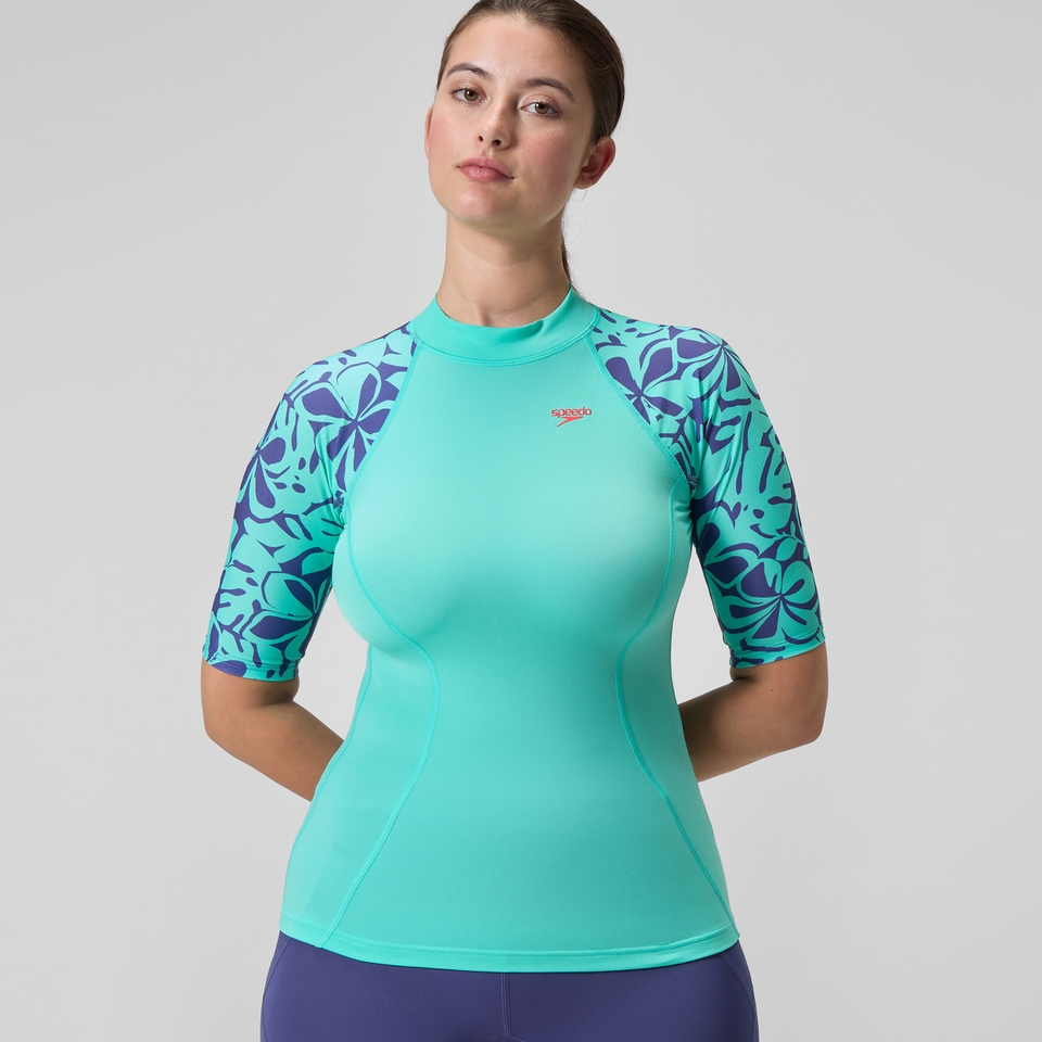 Bedrucktes kurzärmliges Rash-Top Türkis für Damen