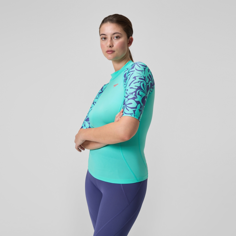 Bedrucktes kurzärmliges Rash-Top Türkis für Damen