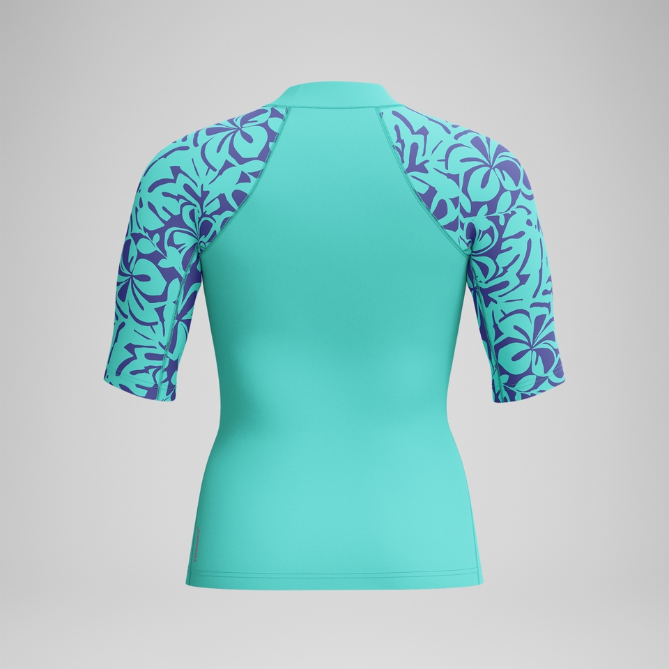 Bedrucktes kurzärmliges Rash-Top Türkis für Damen