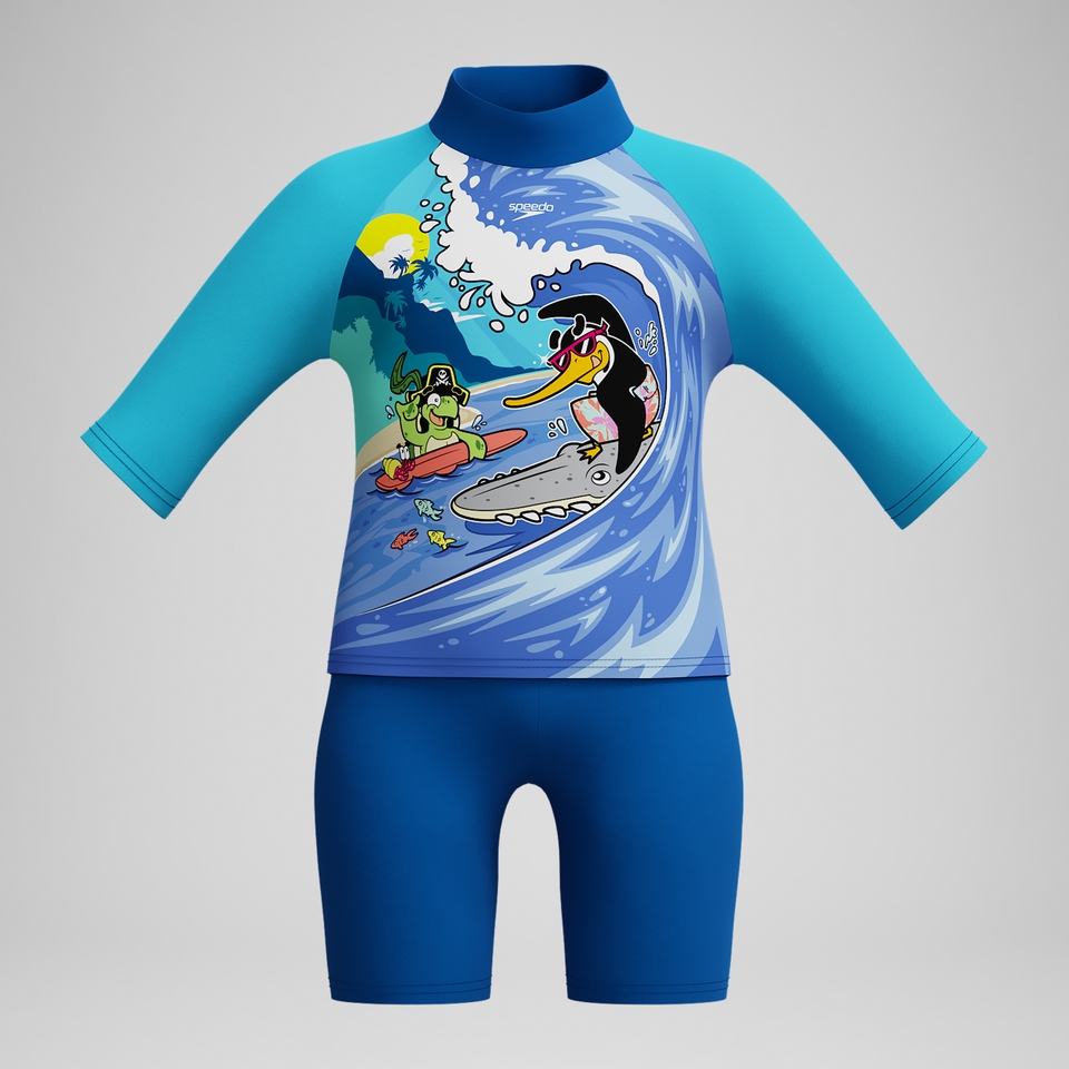 Schwimmlern-Sonnenschutz Oberteil & Shorts Blau für Jungen