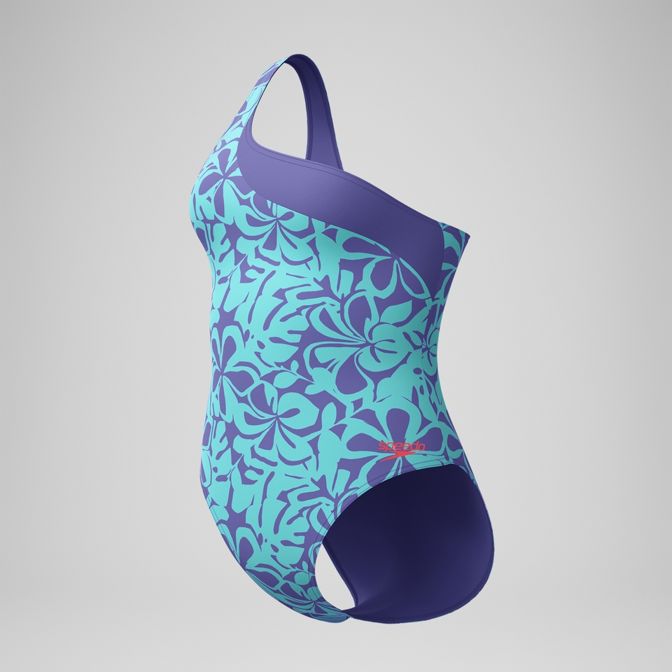 Bedruckter asymmetrischer Badeanzug Blau/Grün für Damen