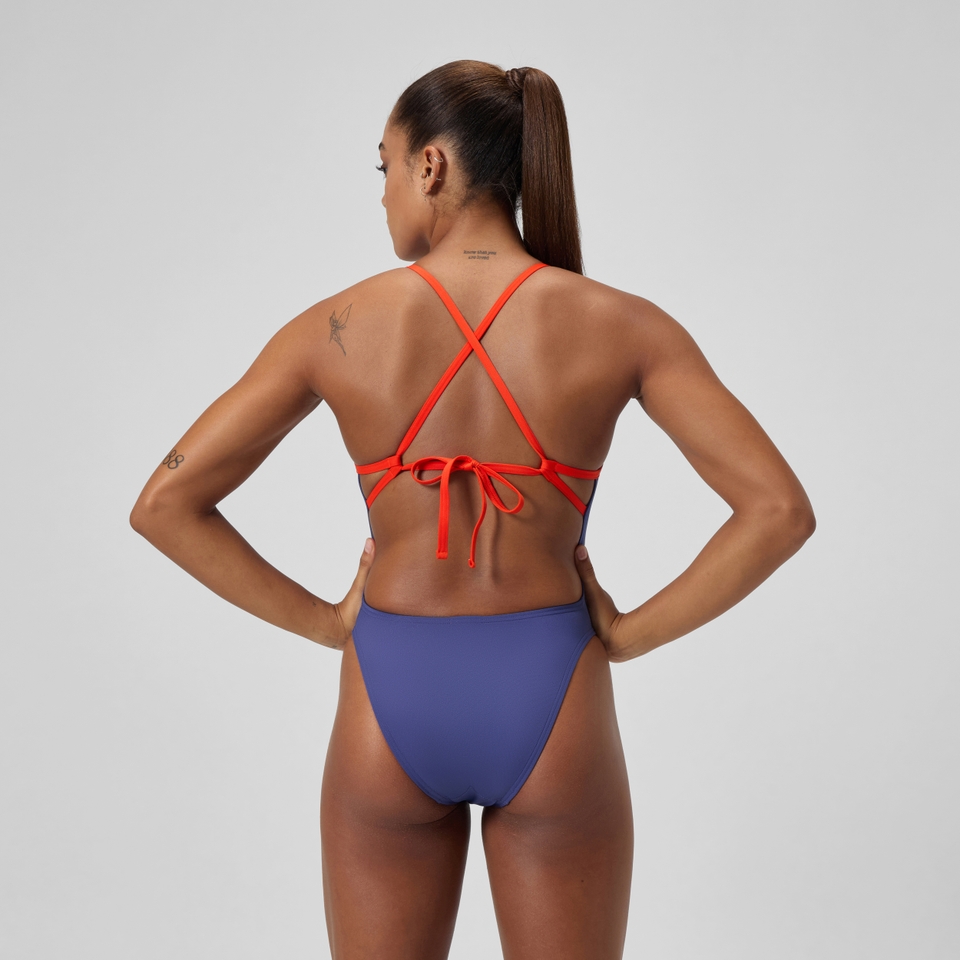 Club Training Einfarbiger Badeanzug mit Rückenschnürung Blau/Pink für Damen