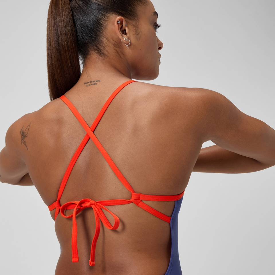 Club Training Einfarbiger Badeanzug mit Rückenschnürung Blau/Pink für Damen