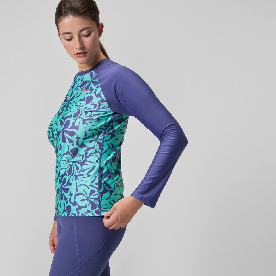 Bedrucktes langärmliges Rash-Top Blau/Grün für Damen