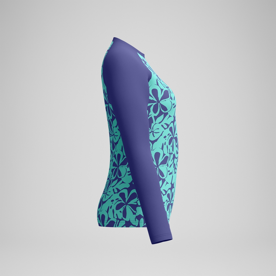 Bedrucktes langärmliges Rash-Top Blau/Grün für Damen