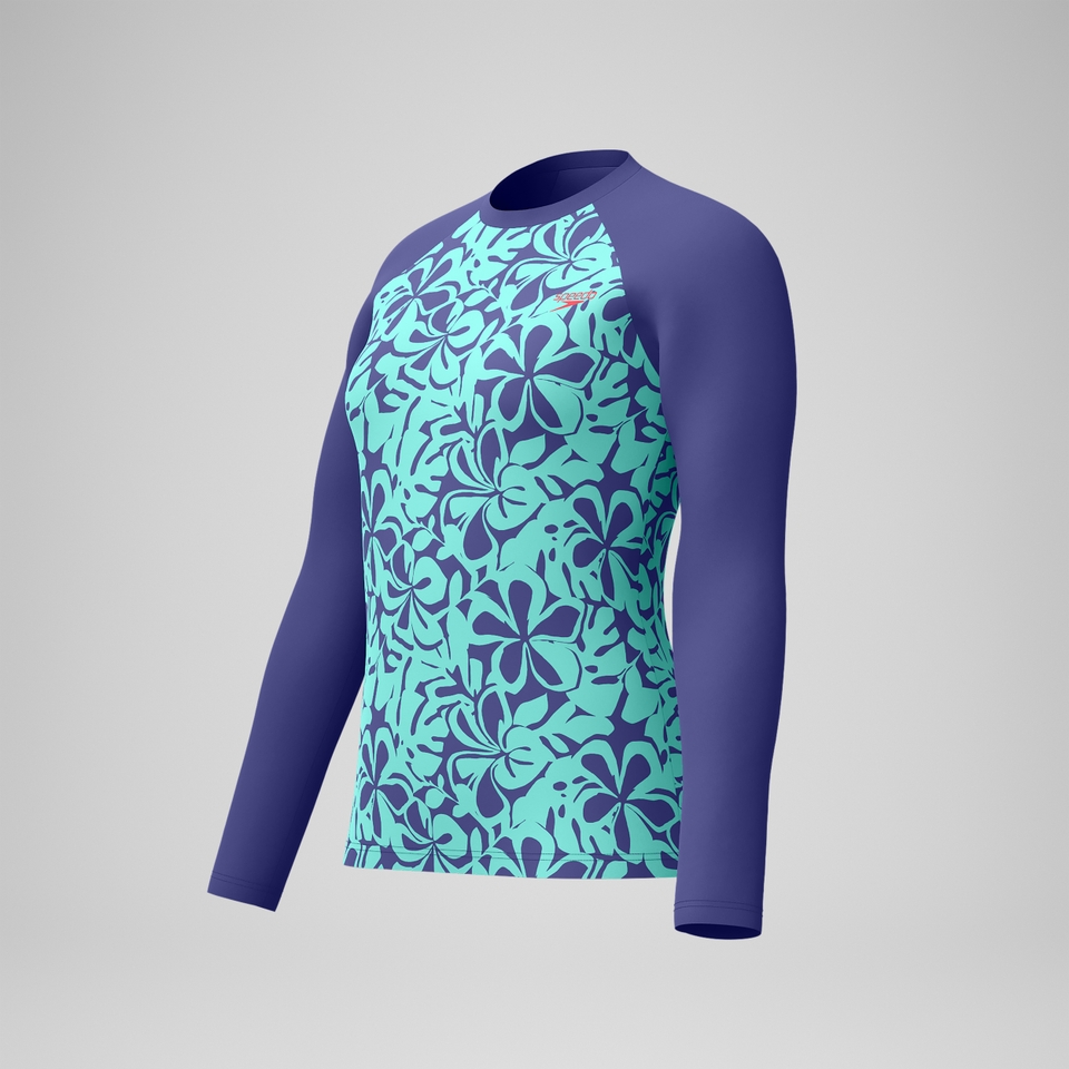 Bedrucktes langärmliges Rash-Top Blau/Grün für Damen