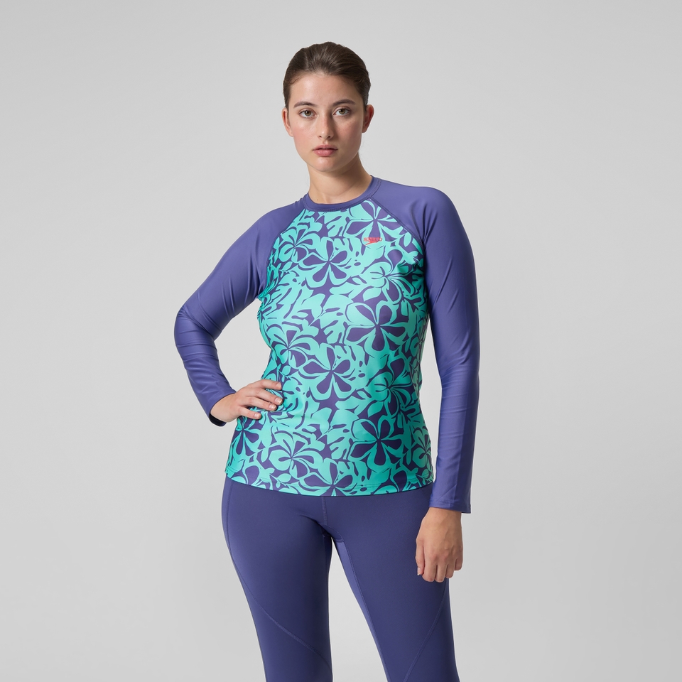 Bedrucktes langärmliges Rash-Top Blau/Grün für Damen